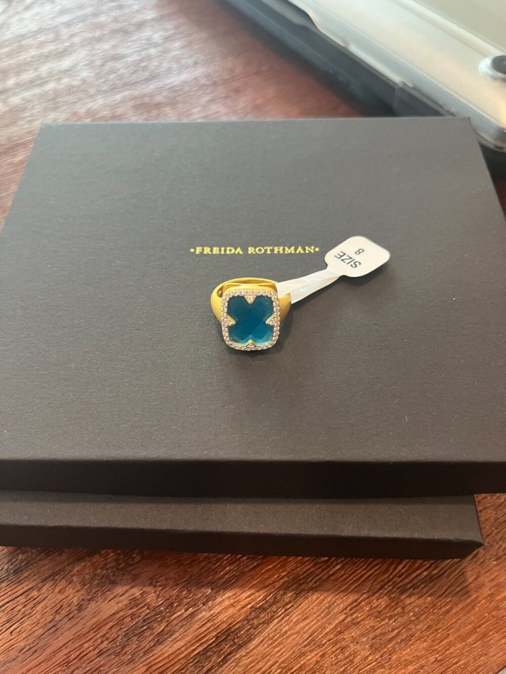 Freida Rothman Blue Faceted Stone with CZ Halo Ring NWT Size 8 - Picture 13 of 15